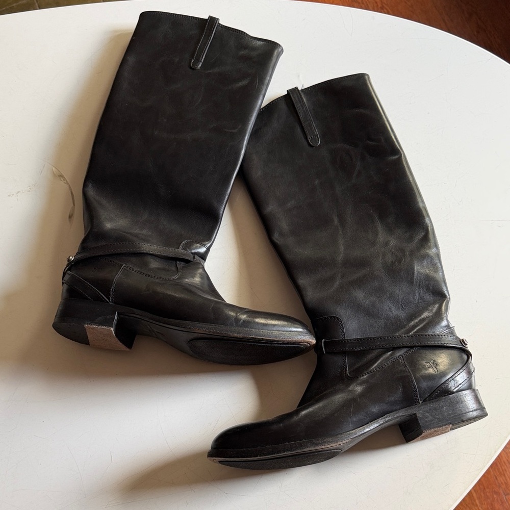 Frye Black Leather Tall Combat Moto Boots